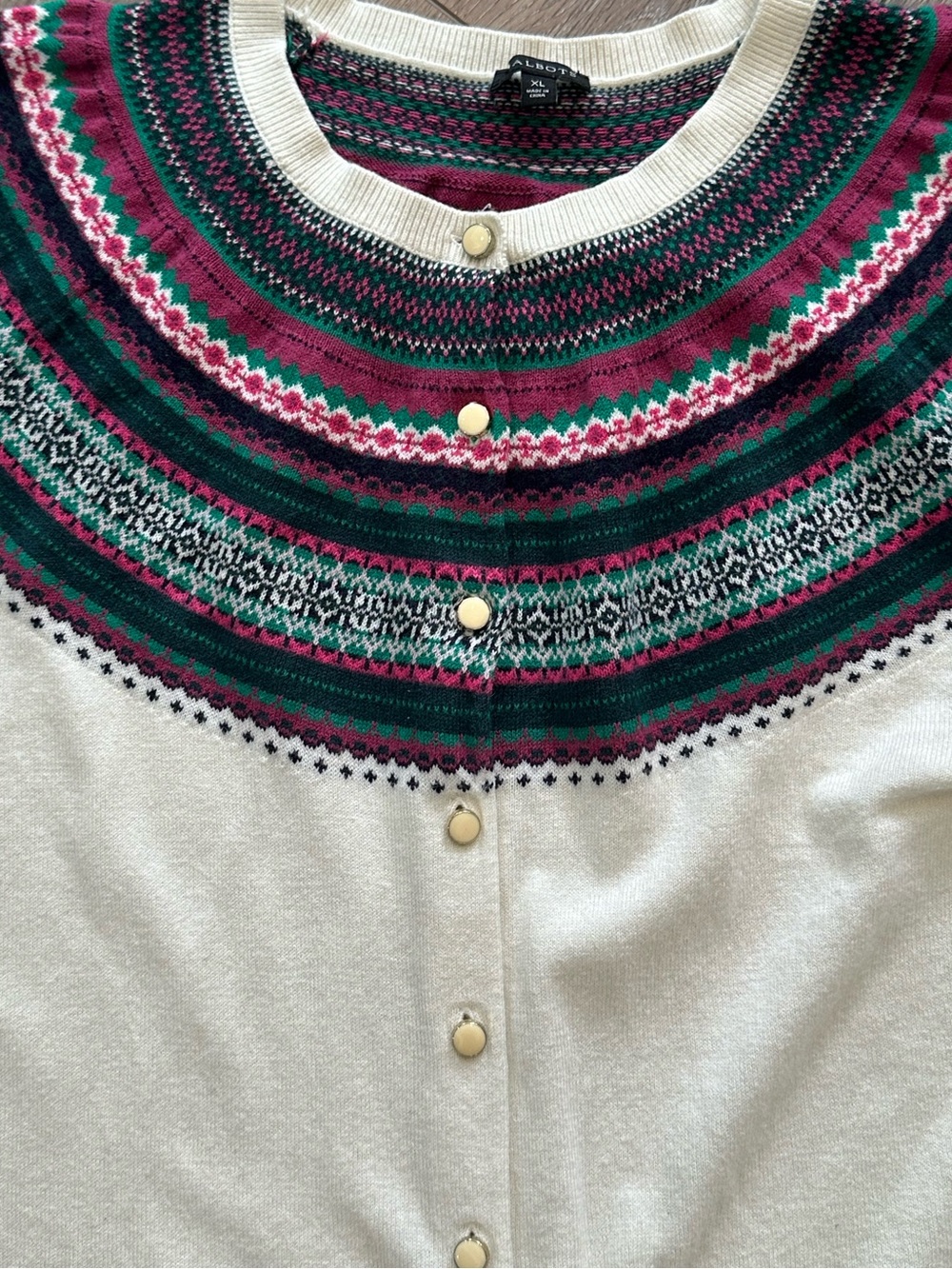 TALBOTS cashmere/cotton blend off white cardigan sweater multi color trim XL - Picture 6 of 6